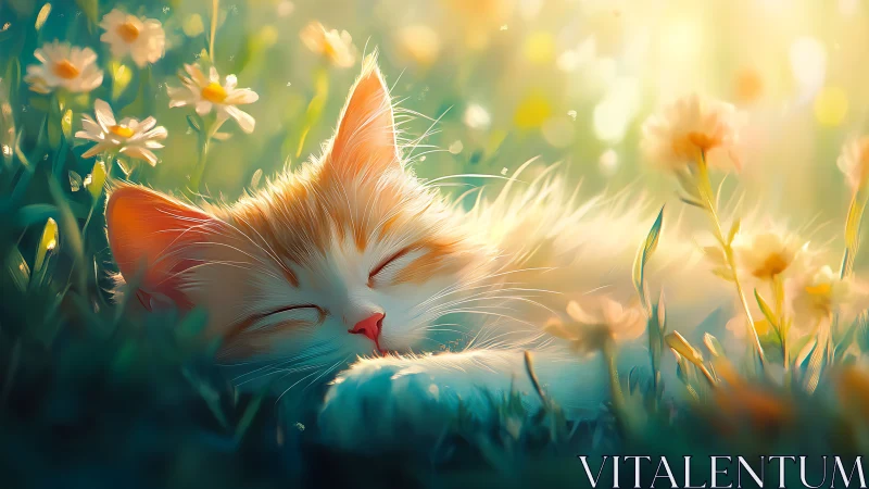 Serene Orange Cat Resting Among Illuminated Wildflowers