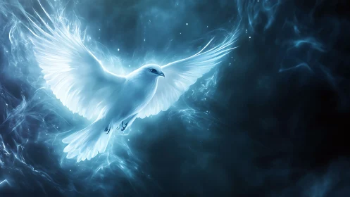 Luminous white dove in turbulent blue ethereal plasma field.