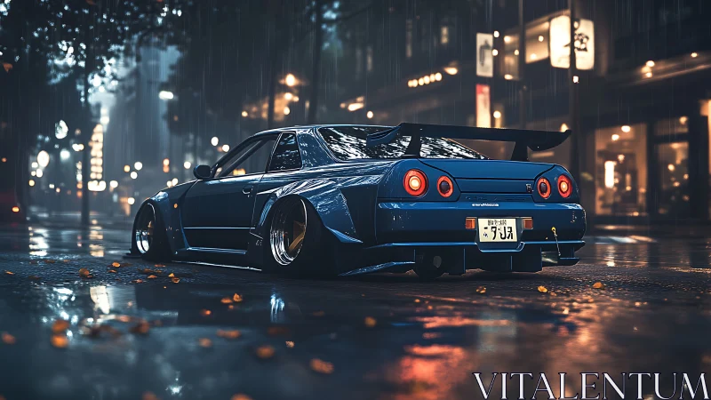 Widebody blue tuner coupe under city rain, cinematic bokeh