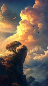 Sunset citadel of trees afloat on a cliff of drifting clouds.