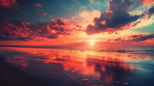 Chromatic tidal mirror with high-saturation sunset sky.