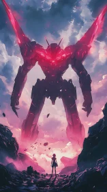 Neon colossus greets lone pilot under burning sky.