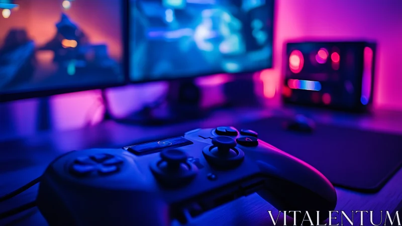 Cozy neon gaming setup with controller ready for adventure.