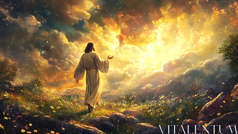 Sunlit path to the heavens through a glowing wildflower field.