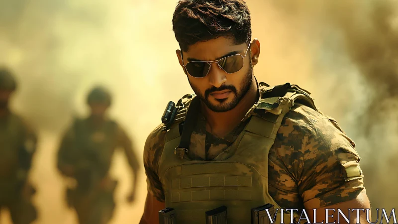 Tactical soldier strides through dust-filled battlefield haze.