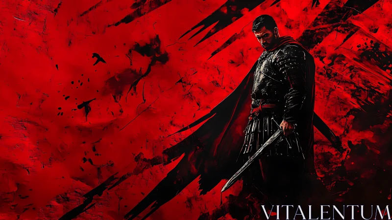 Stoic armored warrior stands against abstract blood-red field