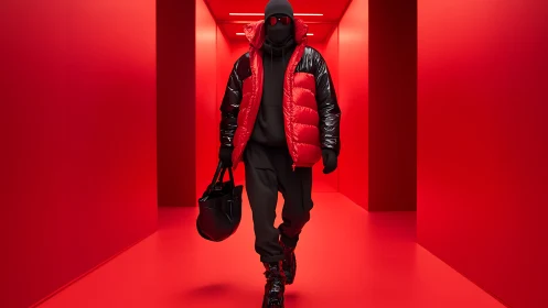 Monochrome red corridor with masked streetwear figure walking.