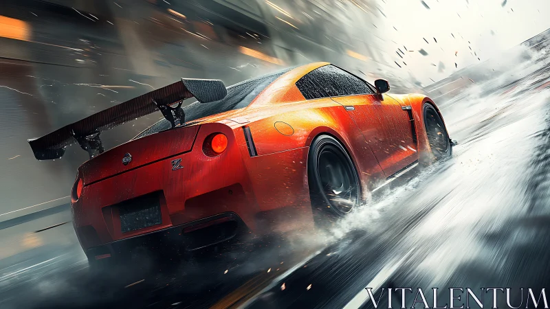 Blazing orange sports car carving through rain-soaked streets.