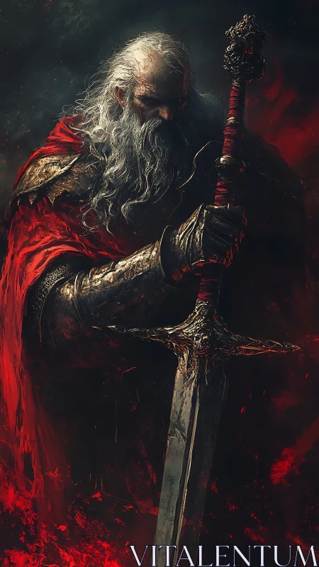 Weathered warrior stands guard with a flame-hued blade.