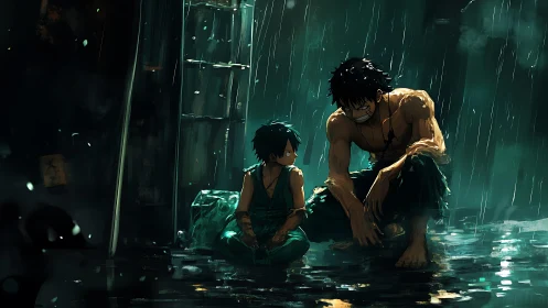 Rain-soaked alley confessions between bruised brothers at dusk.