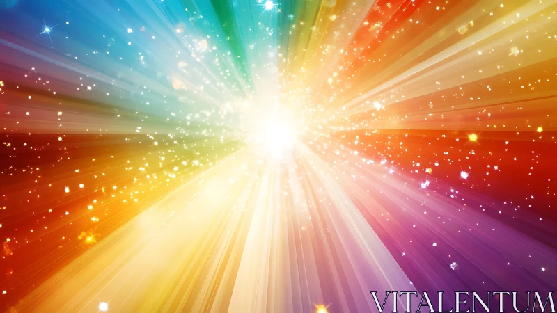 Radiant cosmic burst with prismatic star-filled rays.