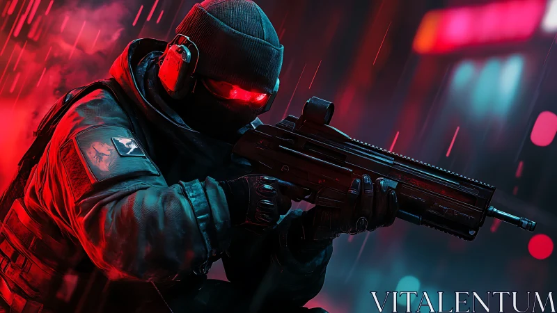 Cyberpunk commando in neon downpour, tactical close-up framing.