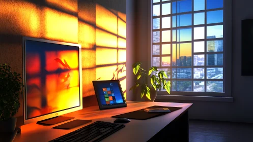 Sunlit tech nook where warm pixels flirt with city dusk.