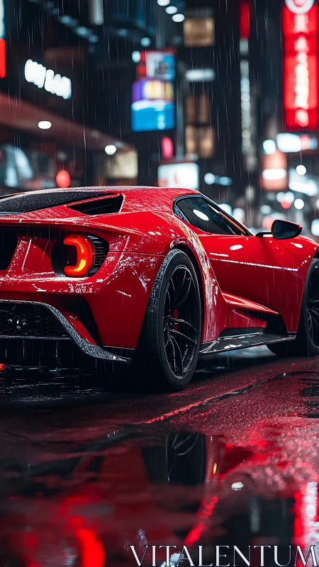 Red sports car in wet neon lit night city street scene.