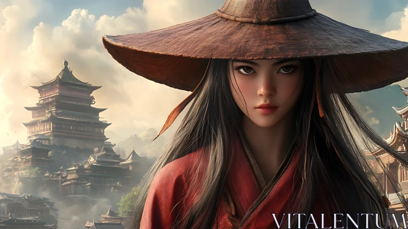 Mysterious warrior gazes over misty ancient pagoda city.