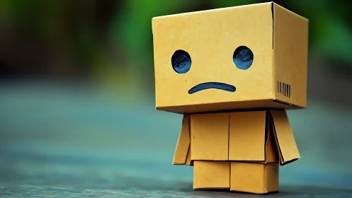 Melancholic cardboard robot on blurred outdoor path.