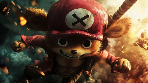 Fiery sky pirate mascot charges through blazing chaos storm.