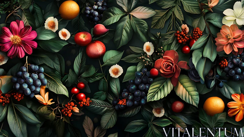 Digital botanical still life with lush fruit and florals arrangement.
