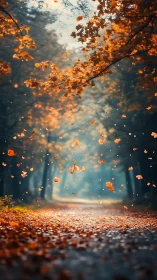 Autumn leaves cascade through misty forest light.