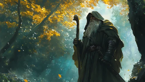 Cloaked forest wizard under dappled autumn canopy lighting.