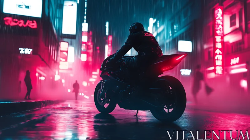 Cyberpunk rider in neon-soaked rain alley, cinematic framing.