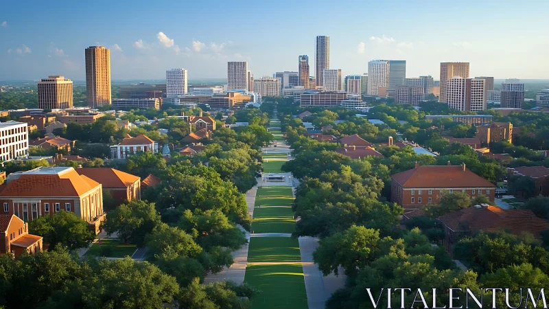 Sunlit campus greenway opening toward a welcoming skyline.