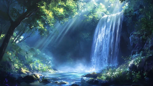 Sunlit forest waterfall inviting you into a hidden paradise.