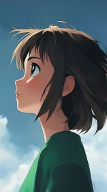 Anime profile portrait under expansive sky in soft light.