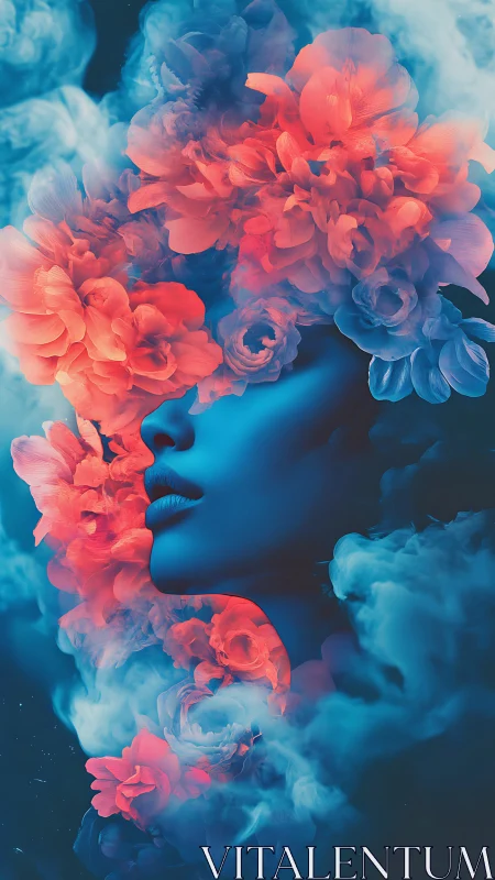 Blue-toned female profile with dense coral floral forms.