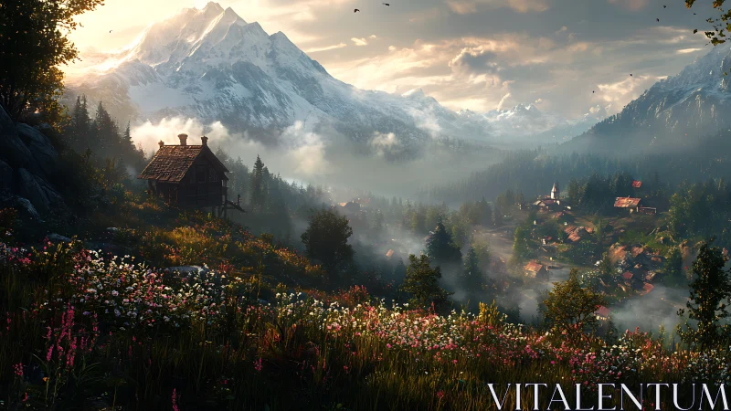 Mountain valley with cabin, village, and dense wildflowers.