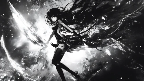 Starlit warrior girl amid swirling monochrome energy storm.
