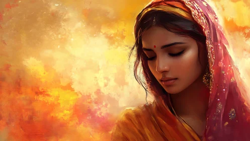 Portrait of woman in traditional veil with warm abstract glow.