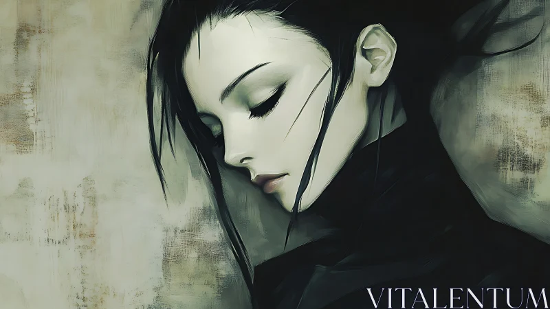 Profile portrait of stylized woman in muted dark tones.