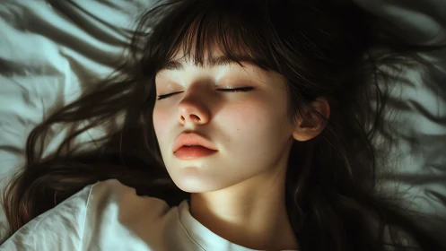 Young woman lies asleep on white bedding in soft light