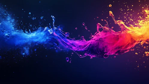 Chromatic liquid collision with neon blue, magenta, orange streams.