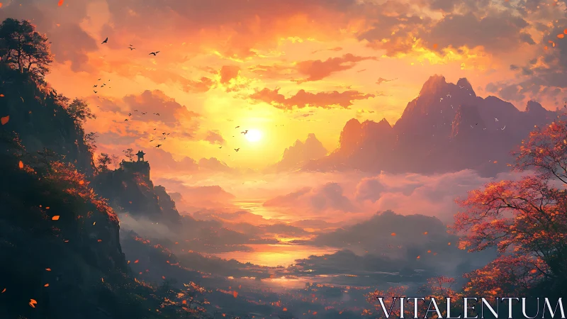 Sunlit mountain valley glows above drifting autumn mist