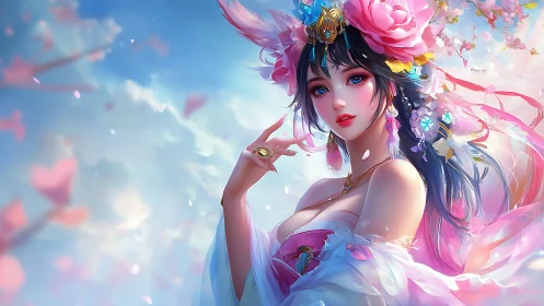 Blossom crowned sky dancer in swirling pastel daydreams.