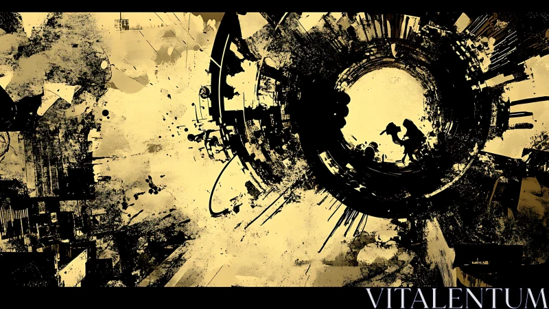 Silhouetted figures within circular abstract urban tunnel.