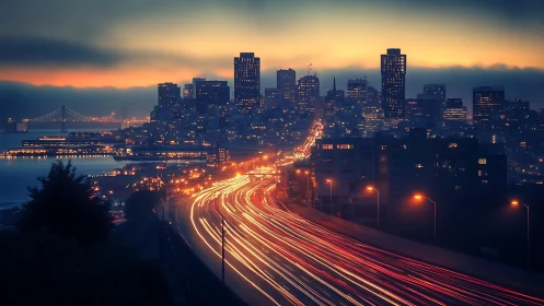 Twilight urban skyline with dynamic freeway light trails.
