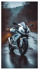 Superbike stands on wet rural road in cinematic shallow focus
