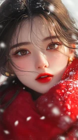 Snow-kissed girl gazes softly through winter’s gentle hush