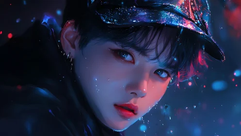 Neon-lit portrait captures a luminous gaze in moody rain