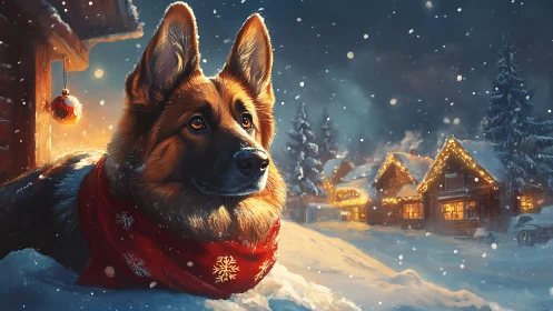 German shepherd rests in glowing snowy Christmas village scene.