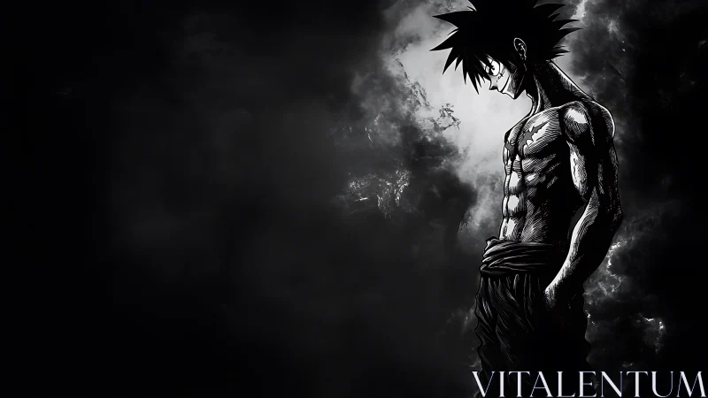 High-contrast anime warrior rendered with dramatic chiaroscuro shading