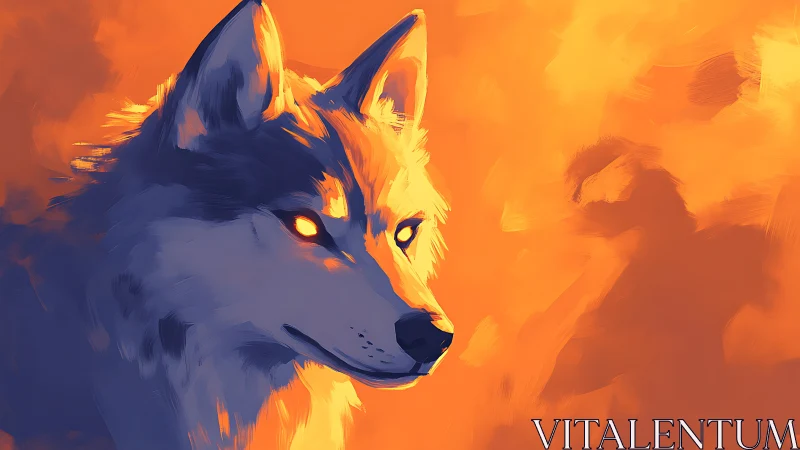 Ember-eyed twilight wolf adrift in molten sunset hues.