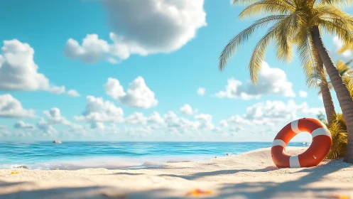 Sunlit tropical shoreline with orange lifebuoy ring resting.