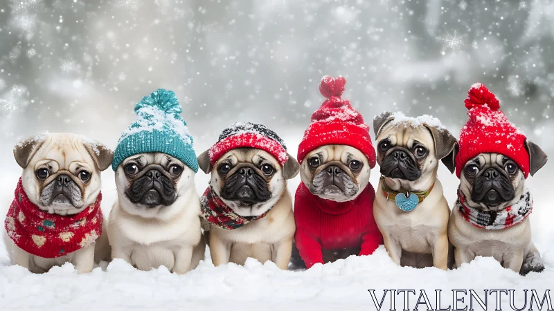 Snowy pug parade in cozy winter sweaters and hats.