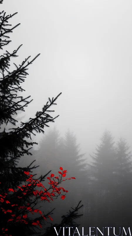 Conifer branches and red foliage in dense morning fog forest.