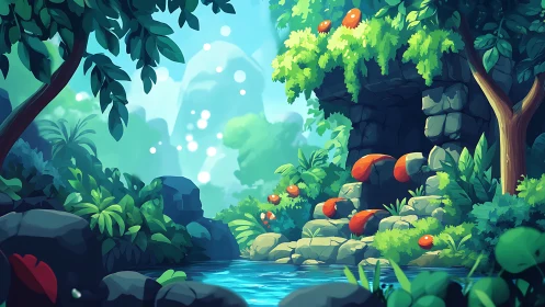 Enchanted Forest Sanctuary with Glowing Stream