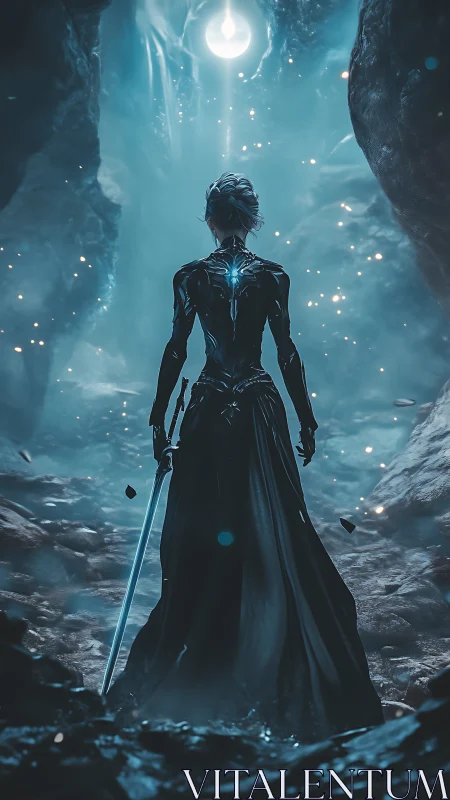 Luminous warrior strides toward a glowing promise ahead.